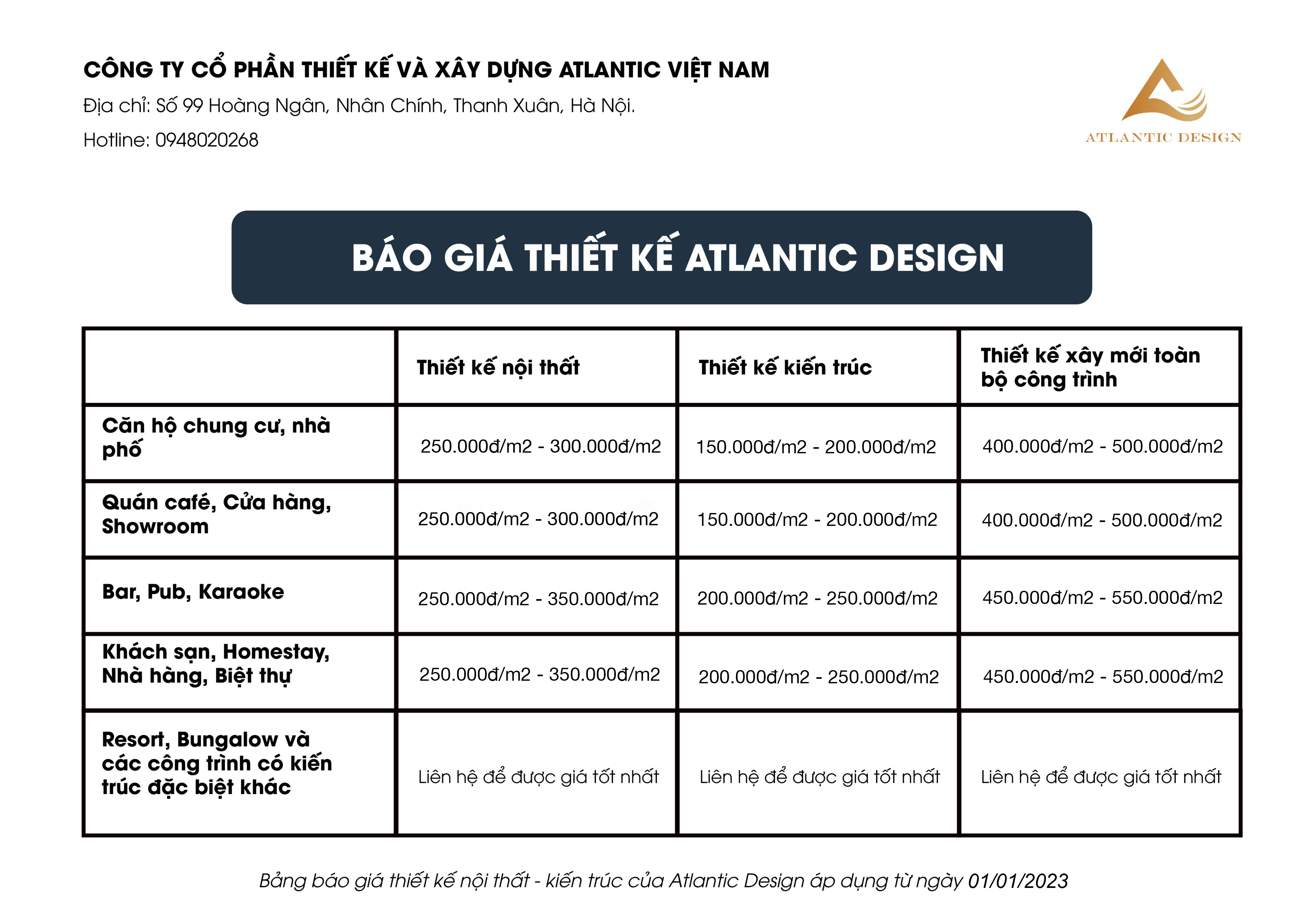Bảng giá thiết kế Atlantic Design kể từ ngày 01/01/2023