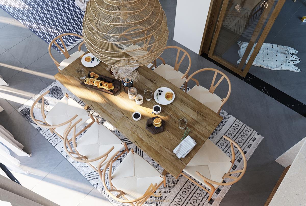 Bộ bàn ghế gỗ với kiểu dáng cá tính kết hợp cùng thảm trải sàn mang đến vẻ đẹp mộc mạc