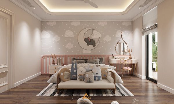 Phòng ngủ con gái được thiết kế phong cách Hiện đại với điểm nhấn là màu hồng nữ tính