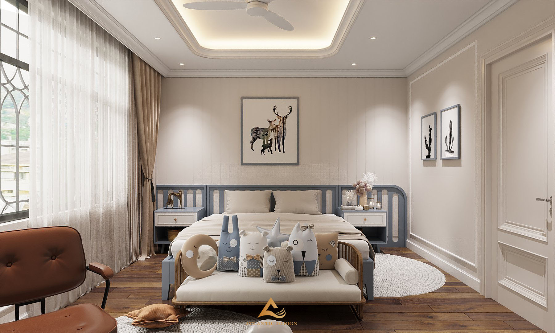 Phòng ngủ con trai được thiết kế với tông màu trắng, xanh trẻ trung, năng động