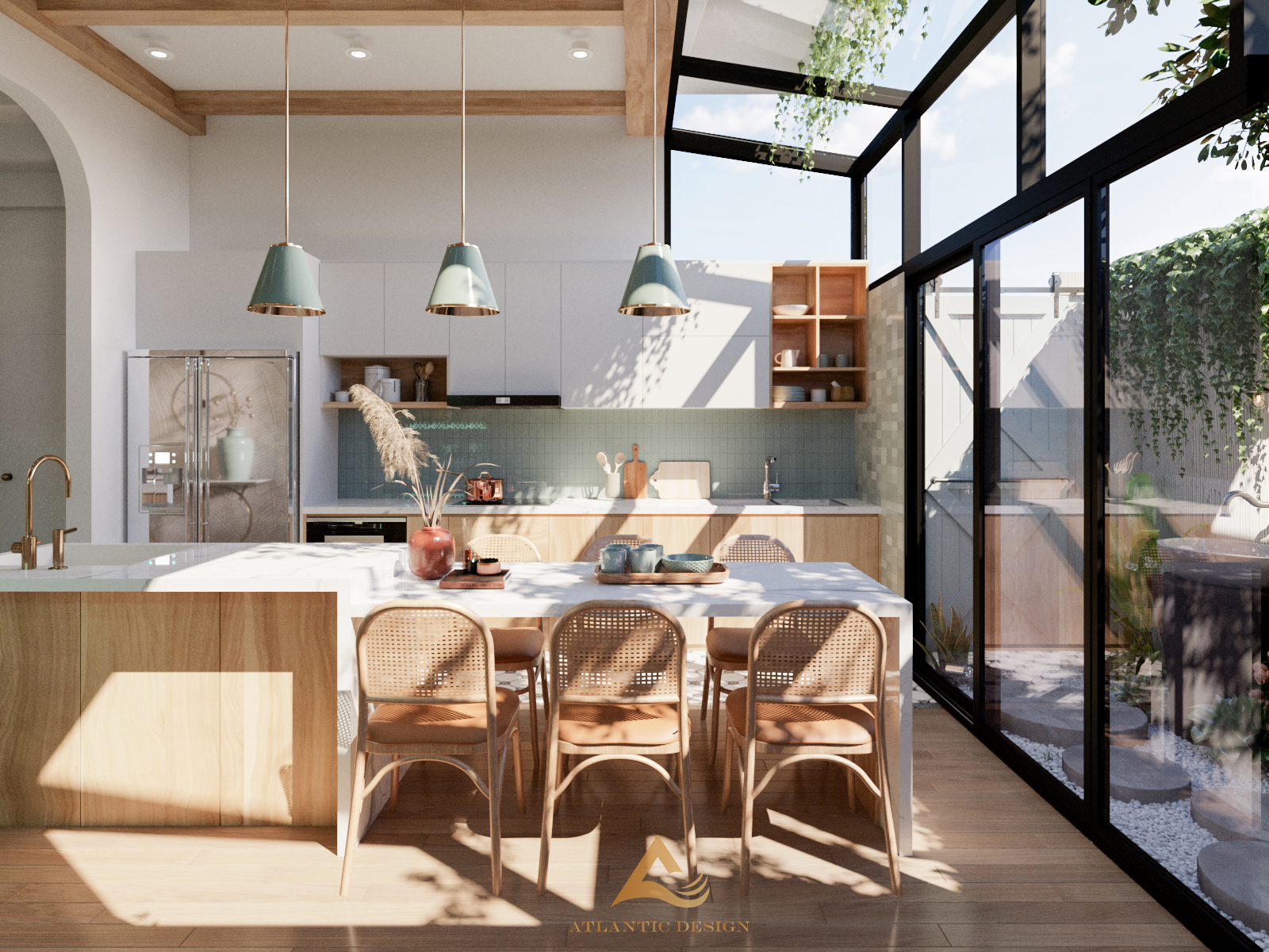 Hệ tủ bếp sử dụng gỗ công nghiệp cao cấp kết hợp trang trí bằng gạch mosaic xanh ngọc