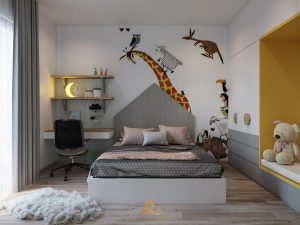 Phòng ngủ con gái được thiết kế nhẹ nhàng, sử dụng chủ yếu gỗ công nghiệp để tối ưu không gian