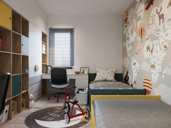 Phòng ngủ bé trai bố trí hai giường nhỏ kết hợp nội thất thông minh giúp tối ưu diện tích