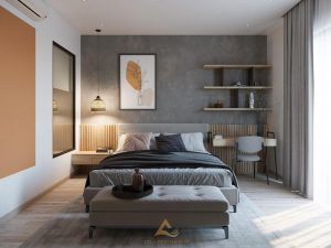 Phòng ngủ Master đơn giản với tông màu xám