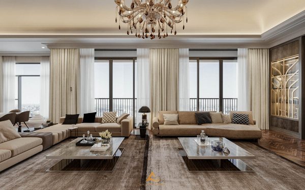 Phòng khách rộng với cửa sổ lớn ra ban công, view toàn cảnh Hồ Tây đẹp xuất sắc