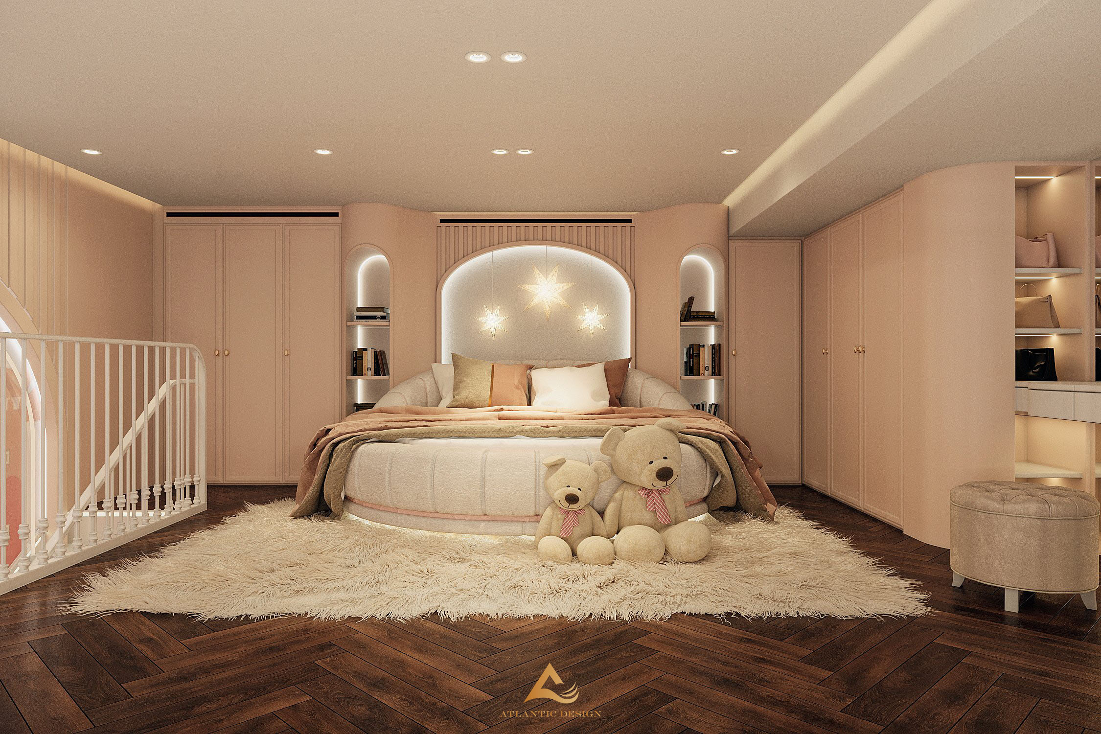 Giường ngủ thiết kế hình tròn đặc biệt, giúp bố cục tầng lửng trở nên hài hòa