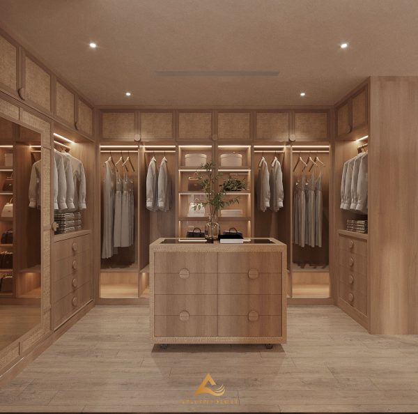 Hệ tủ quần áo lớn được làm bằng gỗ kết hợp mây, tạo nên sự thô mộc cần có của phong cách wabisabi