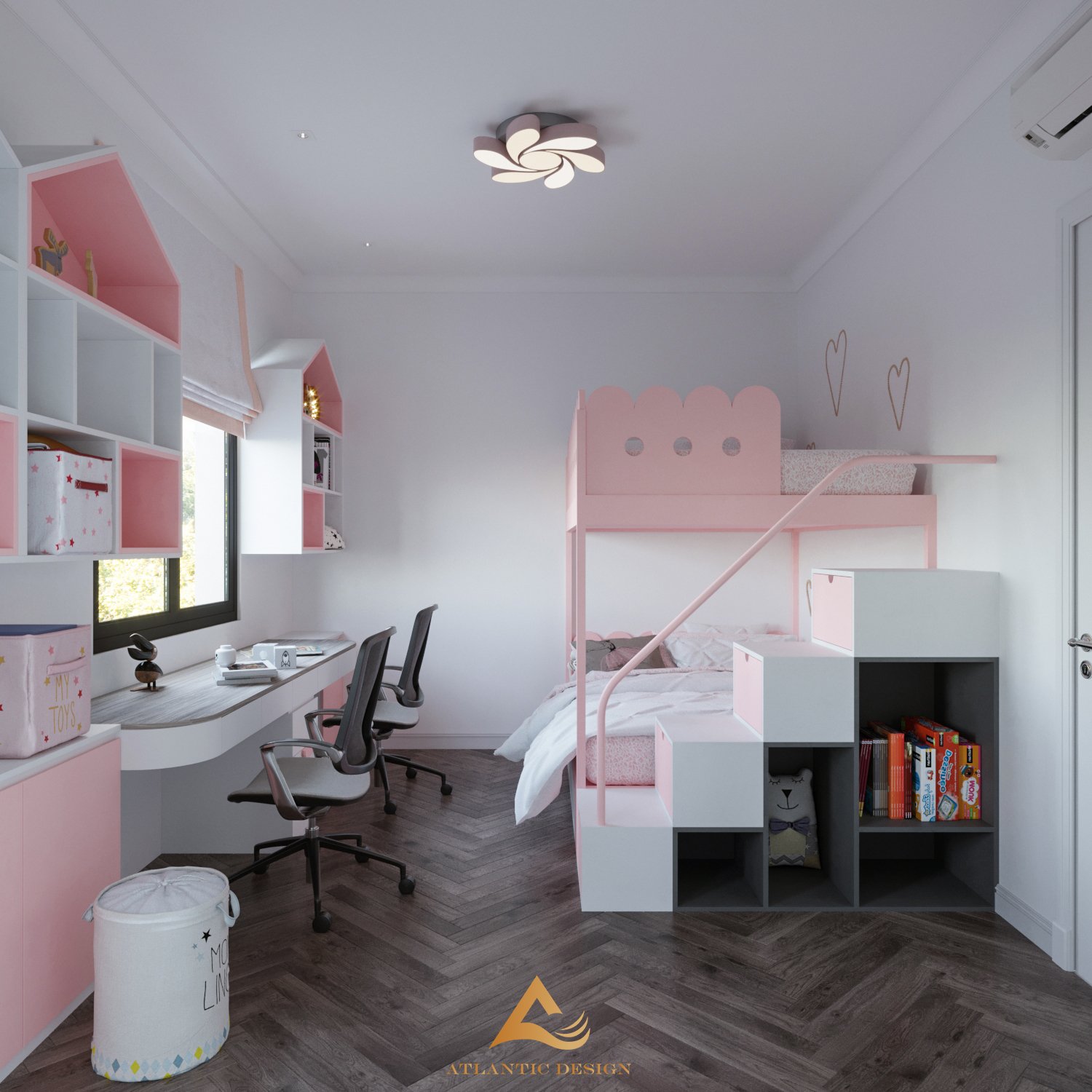 Phòng ngủ trẻ em được sử dụng tông màu trắng - hồng đáng yêu