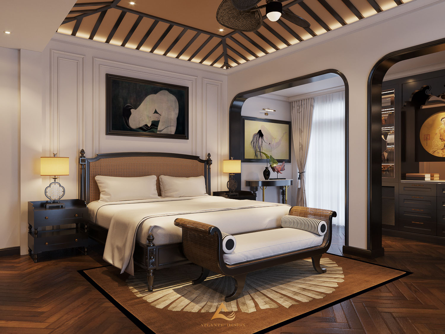 Phòng ngủ master được KTS khéo léo “thổi hồn” phong cách Indochine vào từng ngóc ngách