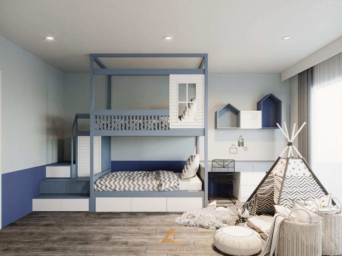 Phòng ngủ cho con cái đặt bên cạnh với thiết kế giường tầng tối ưu diện tích sử dụng