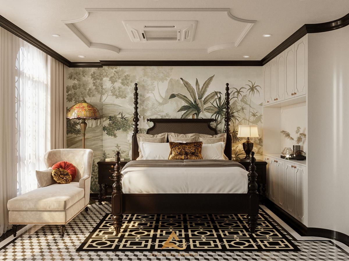 Thiết kế nội thất biệt thự Vinhomes The Harmony - phòng ngủ phong cách Indochine