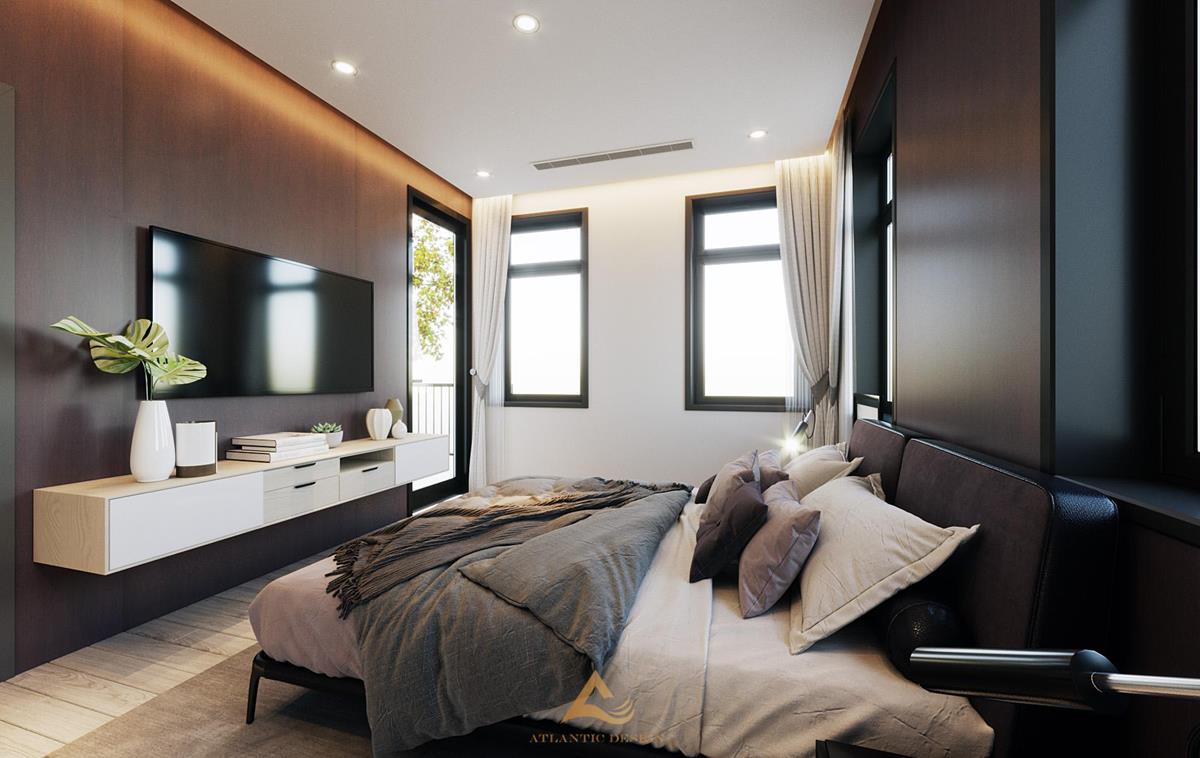 Phòng ngủ sử dụng tông màu chủ đạo trầm tối mang đến cảm giác ấm cúng, gần gũi