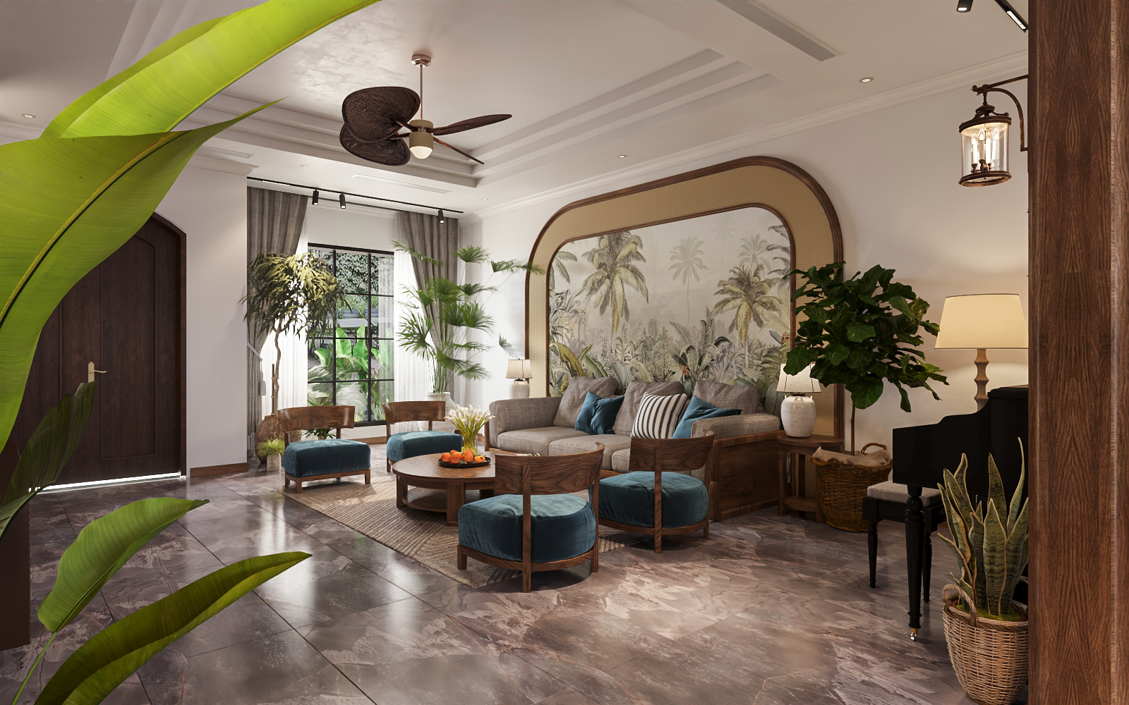 Không gian phòng khách hiện đại ngập tràn sắc xanh tropical