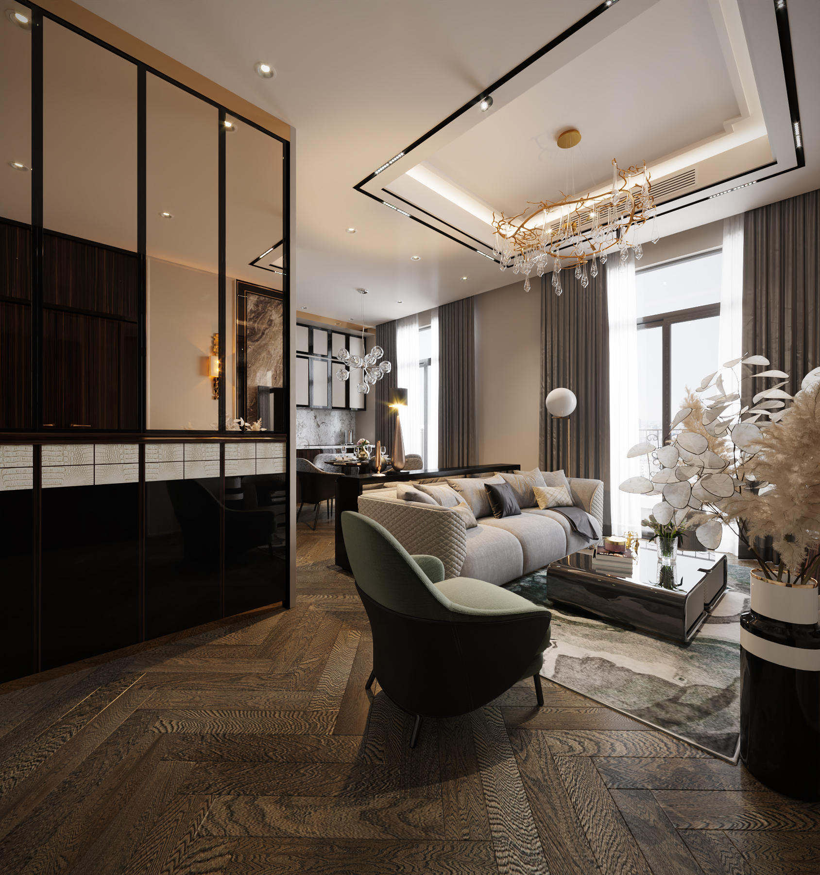 Không gian phòng khách hiện đại mix luxury sang trọng