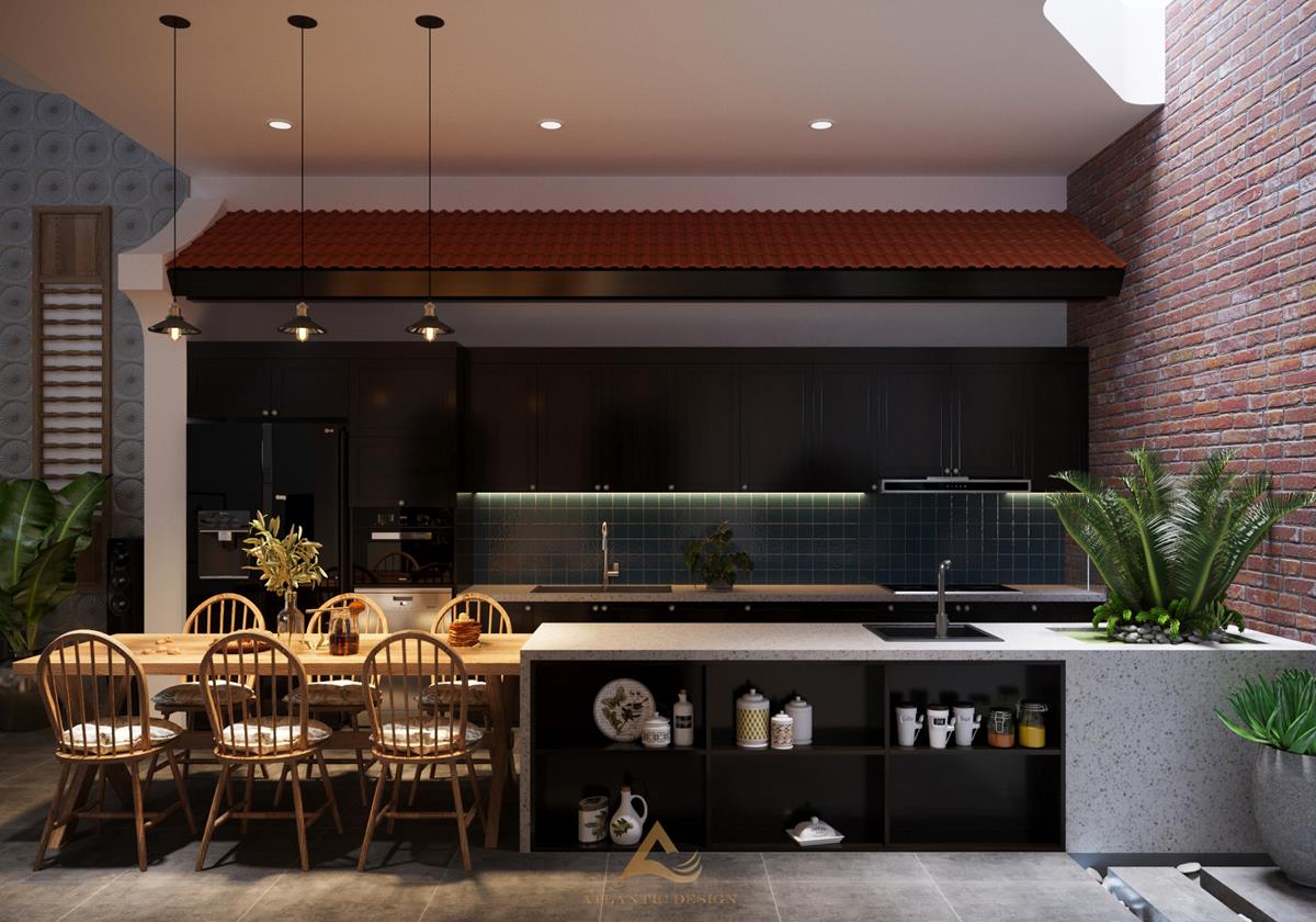 Nội thất phòng khách Indochine uy nghi với gỗ tự nhiên nâu đen