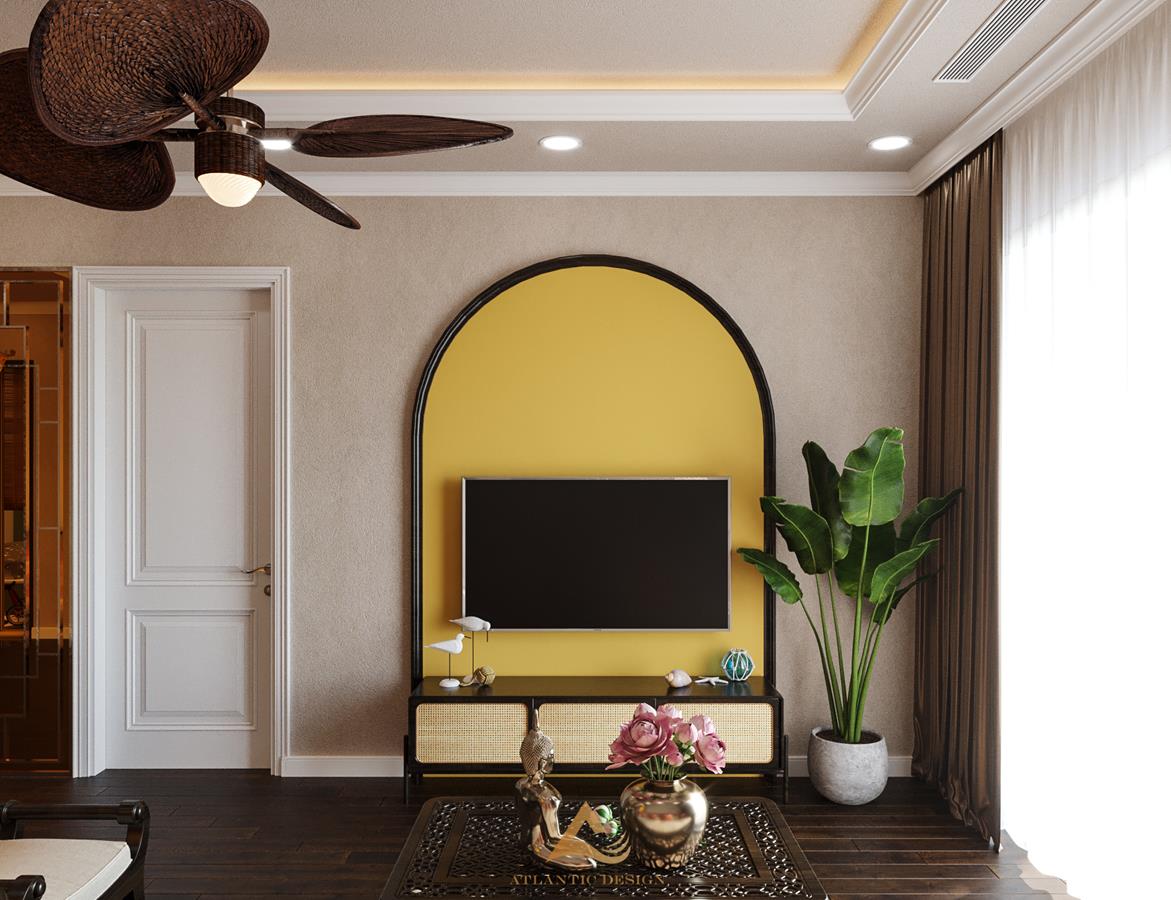 Nội thất phòng khách Indochine 85m2 ấm cúng và tinh tế