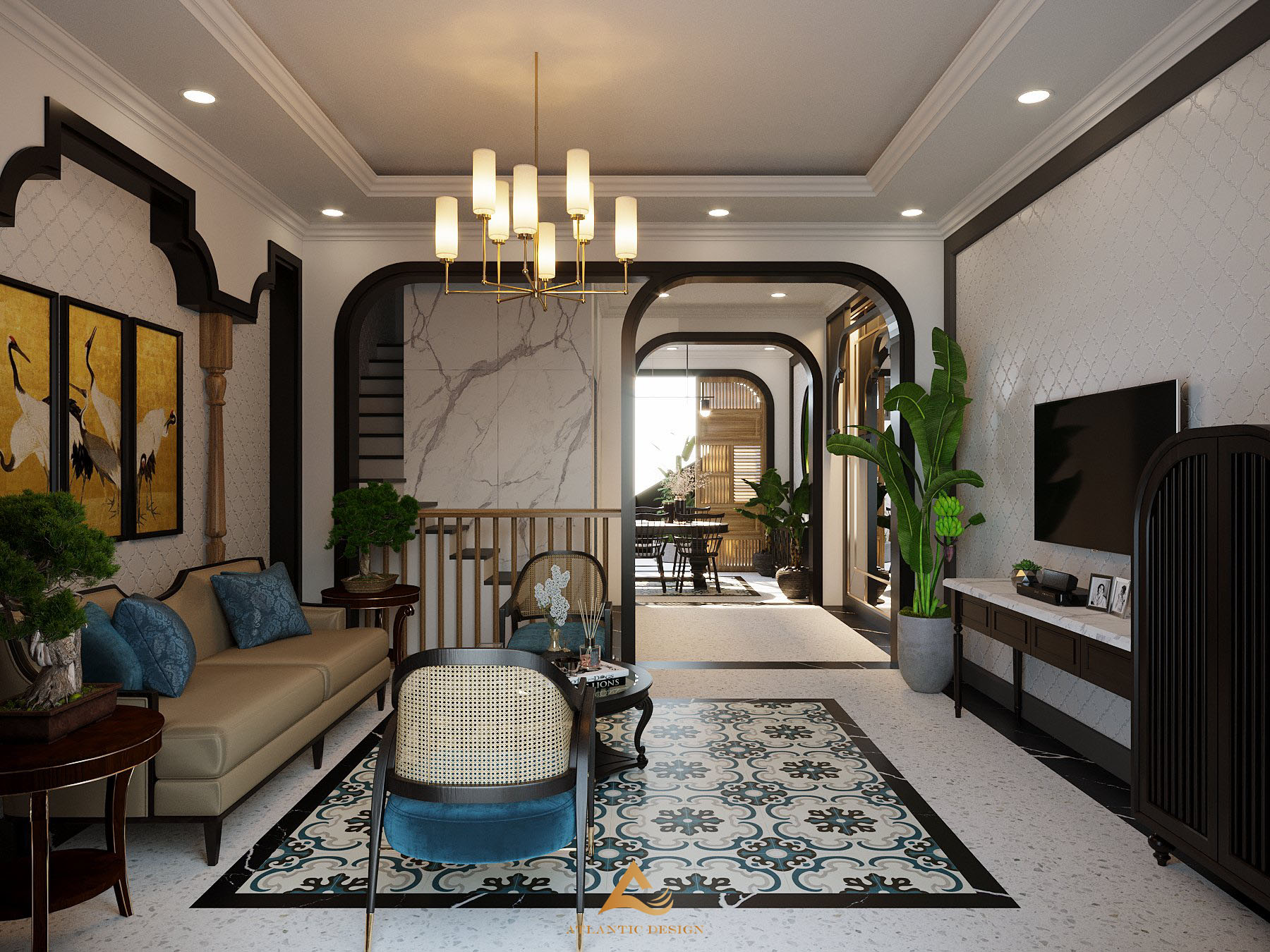 Nội thất phòng khách biệt thự Vinhome Marina phong cách Indochine