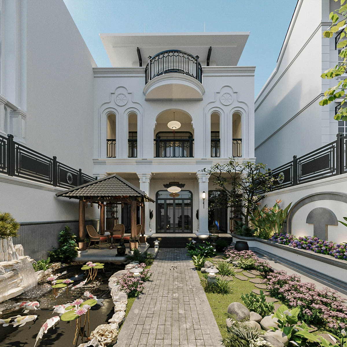 Thiết kế nội thất biệt thự Tây Hồ phong cách Indochine 320m2