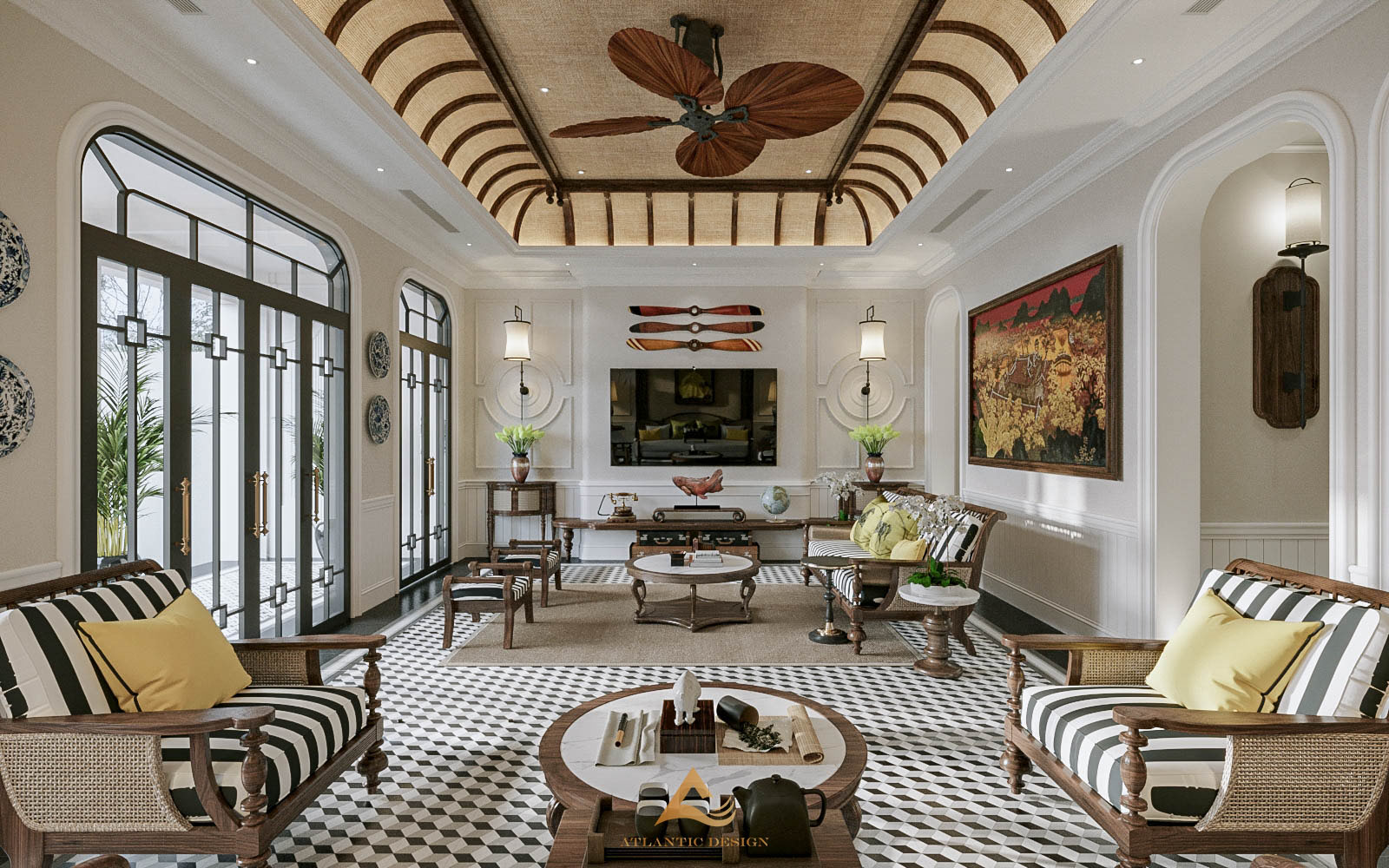 Nội thất phòng khách biệt thự Tây Hồ phong cách Indochine uy nghi