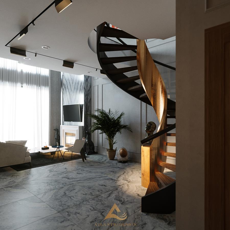 Nội thất phòng khách Luxury với đá Marble và kim loại mạ vàng