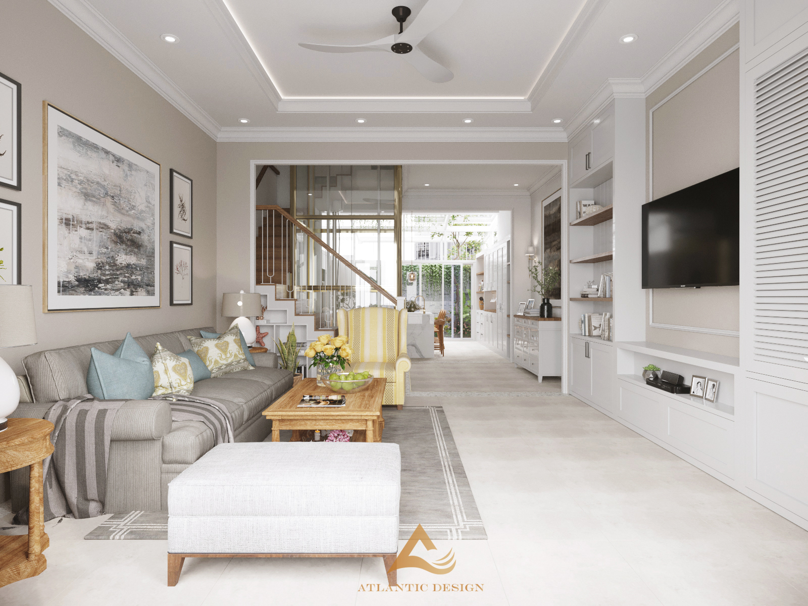Nội thất phòng khách Modern Classic với tông màu xanh ngọc thanh lịch