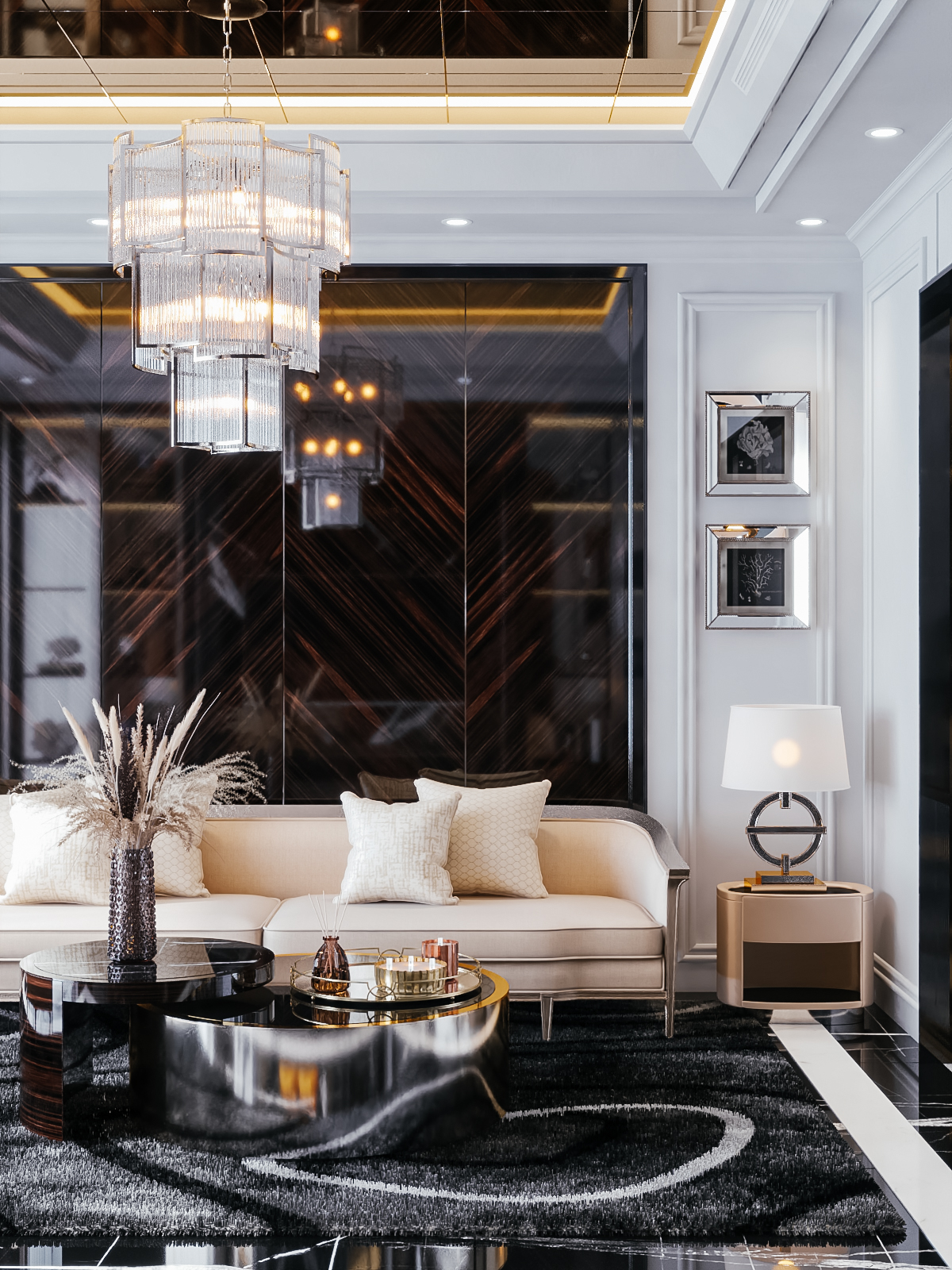 Nội thất phòng khách Luxury với chi tiết mạ vàng và đá Marble cao cấp