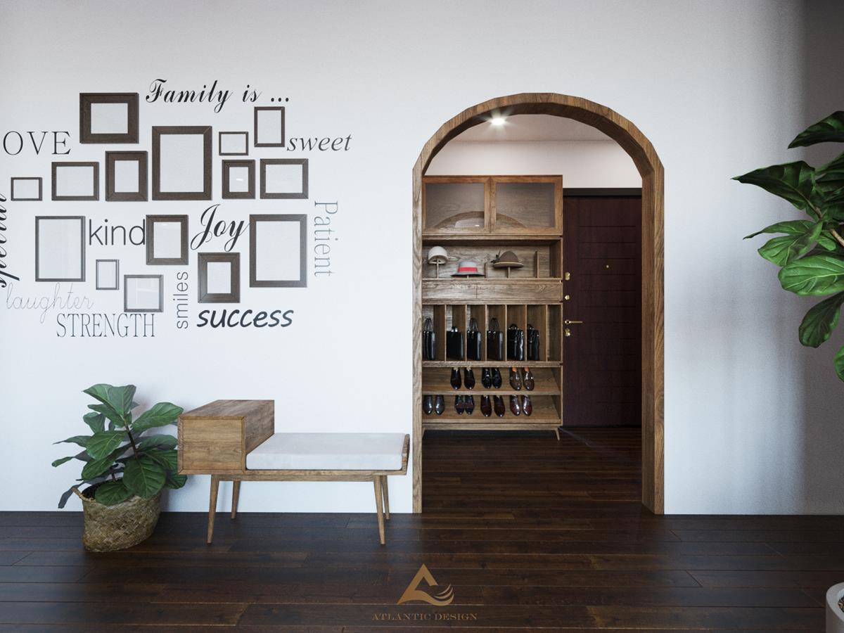 Nội thất phòng khách Rustic với tường gạch trần và dầm gỗ thô mộc